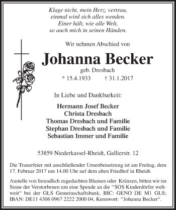 Anzeige von Johanna Becker von  Extra Blatt 