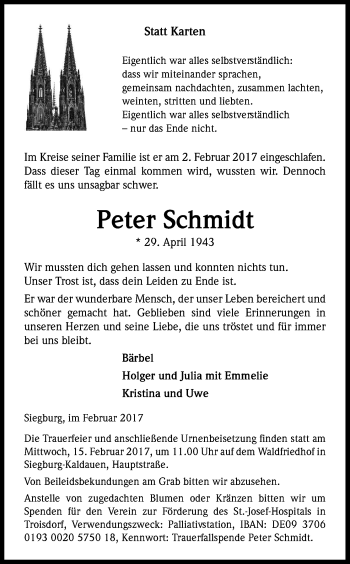 Anzeige von Peter Schmidt von Kölner Stadt-Anzeiger / Kölnische Rundschau / Express