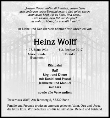 Anzeige von Heinz Wolff von Kölner Stadt-Anzeiger / Kölnische Rundschau / Express