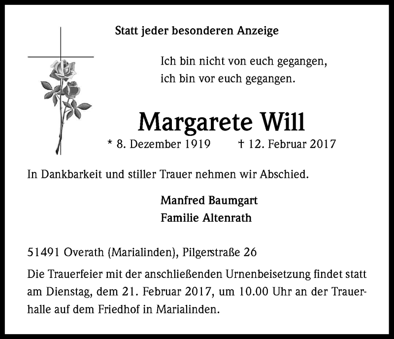  Traueranzeige für Margarete Will vom 15.02.2017 aus Kölner Stadt-Anzeiger / Kölnische Rundschau / Express