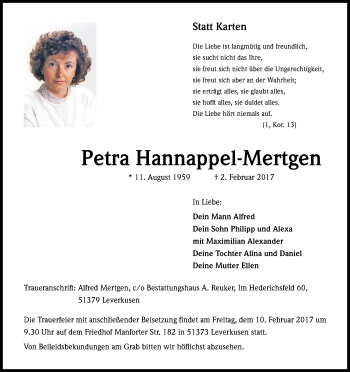 Anzeige von Petra Hannappel-Mertgen von Kölner Stadt-Anzeiger / Kölnische Rundschau / Express