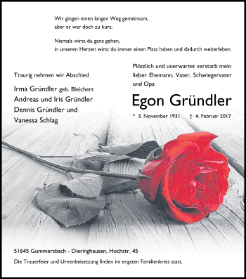 Anzeige von Egon Gründler von Kölner Stadt-Anzeiger / Kölnische Rundschau / Express