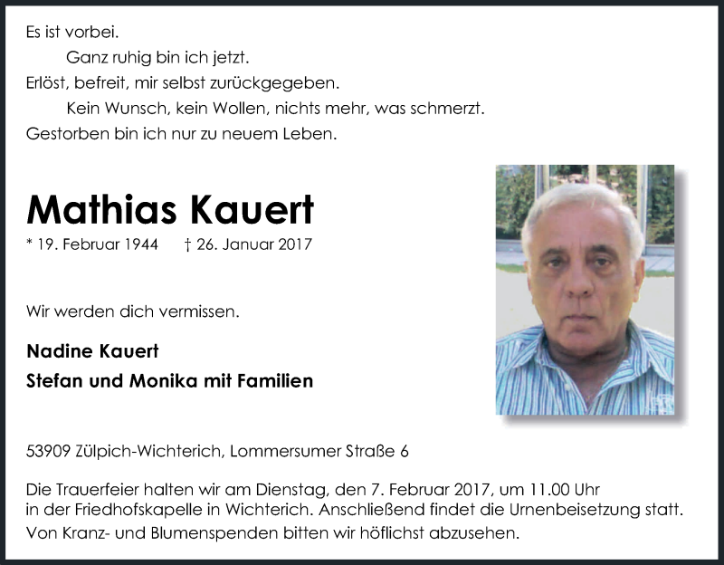  Traueranzeige für Mathias Kauert vom 04.02.2017 aus Kölner Stadt-Anzeiger / Kölnische Rundschau / Express