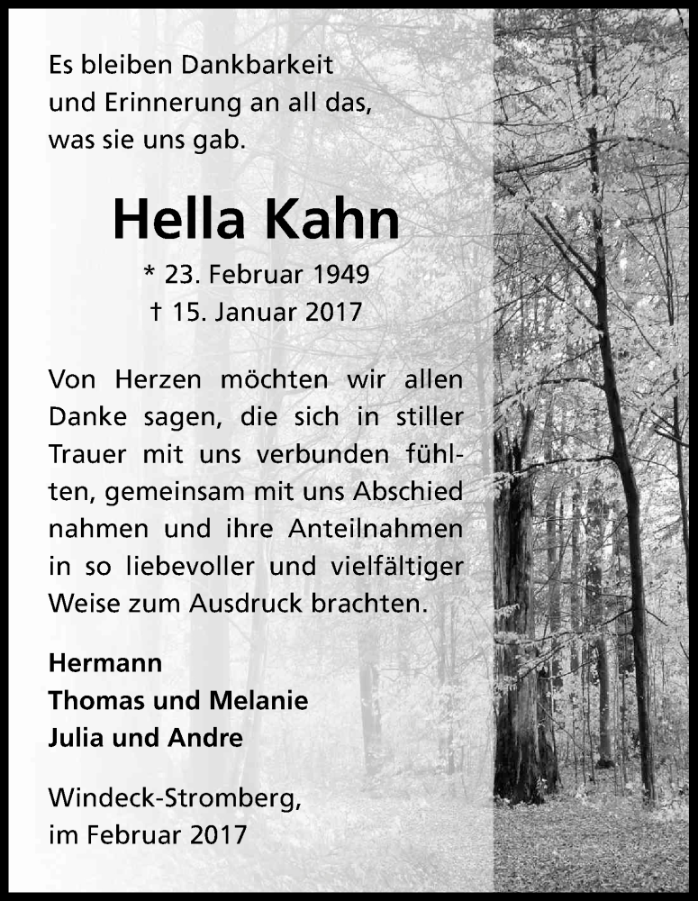  Traueranzeige für Hella Kahn vom 18.02.2017 aus Kölner Stadt-Anzeiger / Kölnische Rundschau / Express