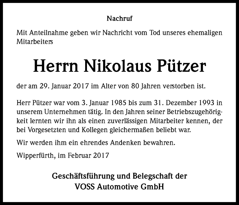  Traueranzeige für Nikolaus Pützer vom 07.02.2017 aus Kölner Stadt-Anzeiger / Kölnische Rundschau / Express