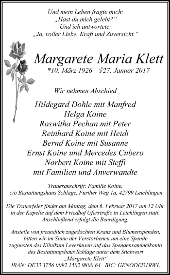 Anzeige von Margarete Maria Klett von Kölner Stadt-Anzeiger / Kölnische Rundschau / Express