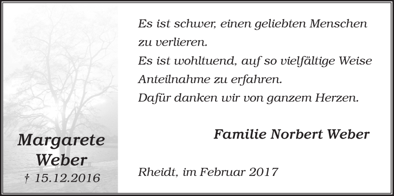  Traueranzeige für Margarete Weber vom 22.02.2017 aus  Extra Blatt 