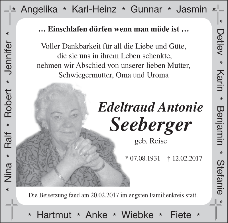  Traueranzeige für Edeltraud Antonie Seeberger vom 22.02.2017 aus  Anzeigen Echo 