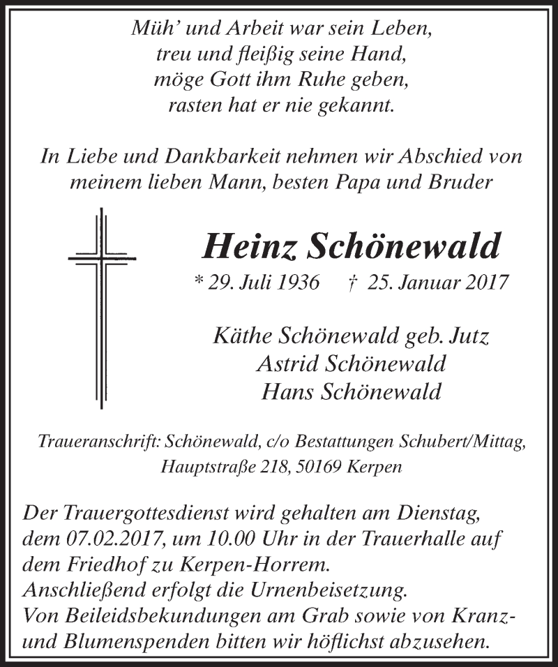  Traueranzeige für Heinz Schönewald vom 04.02.2017 aus  Sonntags-Post 
