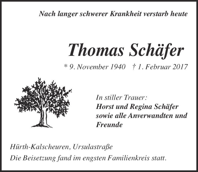  Traueranzeige für Thomas Schäfer vom 15.02.2017 aus  Wochenende 