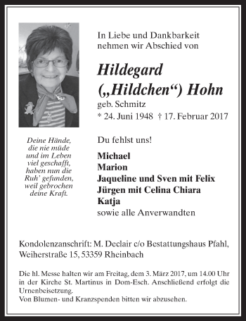 Anzeige von Hildegard Hohn von  Blickpunkt Euskirchen 