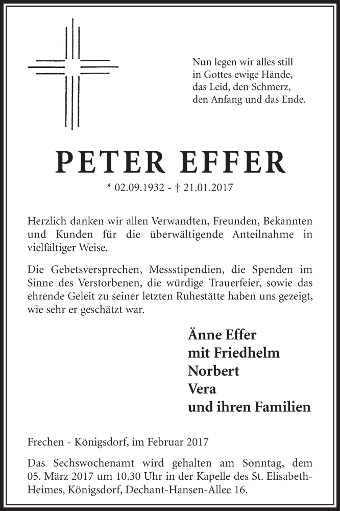  Traueranzeige für Peter Effer vom 25.02.2017 aus  Sonntags-Post 