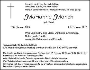 Anzeige von Marianne Mönch von Kölner Stadt-Anzeiger / Kölnische Rundschau / Express