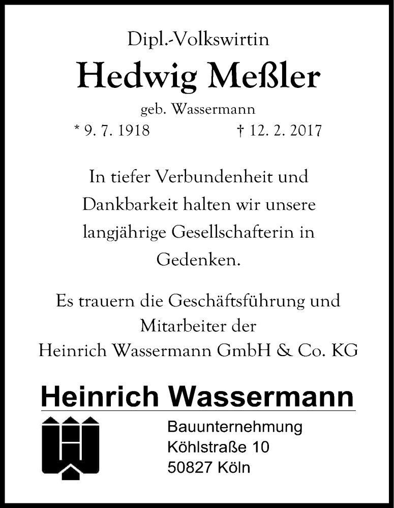  Traueranzeige für Hedwig Meßler vom 18.02.2017 aus Kölner Stadt-Anzeiger / Kölnische Rundschau / Express