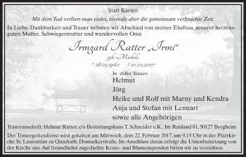 Anzeige von Irmgard Ratter von  Sonntags-Post 