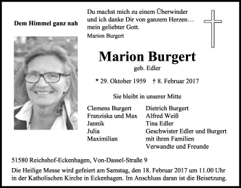Anzeige von Marion Burgert von Kölner Stadt-Anzeiger / Kölnische Rundschau / Express