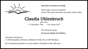 Anzeige von Claudia Uhlenbruch von Kölner Stadt-Anzeiger / Kölnische Rundschau / Express