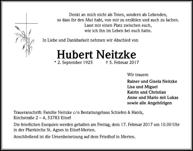  Traueranzeige für Hubert Neitzke vom 11.02.2017 aus Kölner Stadt-Anzeiger / Kölnische Rundschau / Express