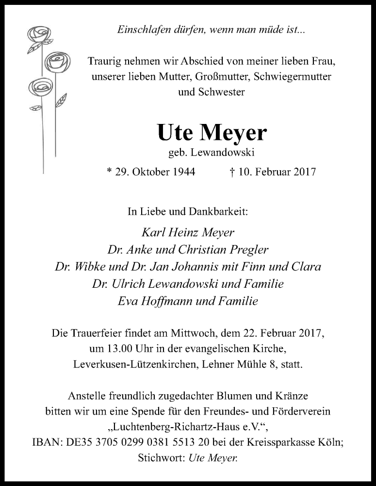 Traueranzeige für Ute Meyer vom 18.02.2017 aus Kölner Stadt-Anzeiger / Kölnische Rundschau / Express