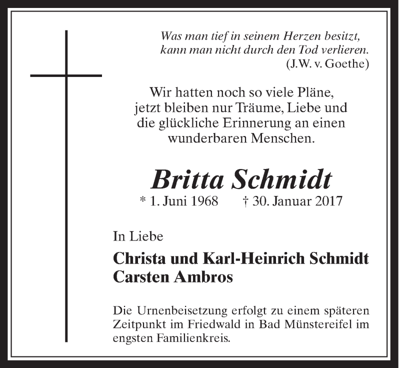  Traueranzeige für Britta Schmidt vom 08.02.2017 aus  Schaufenster/Blickpunkt 