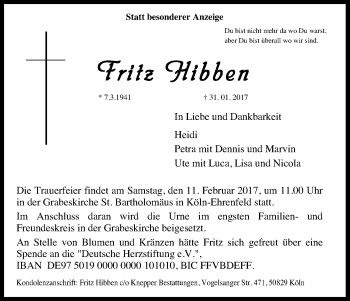 Anzeige von Fritz Hibben von Kölner Stadt-Anzeiger / Kölnische Rundschau / Express