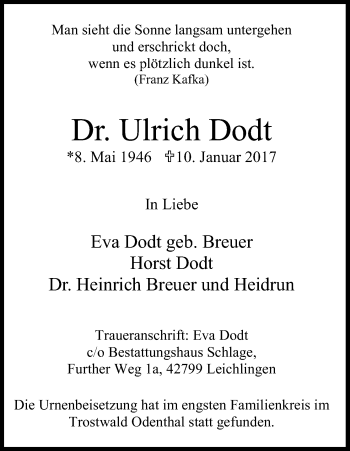 Anzeige von Ulrich Dodt von Kölner Stadt-Anzeiger / Kölnische Rundschau / Express
