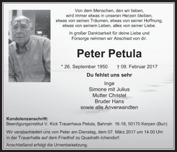 Anzeige von Peter Petula von  Werbepost 