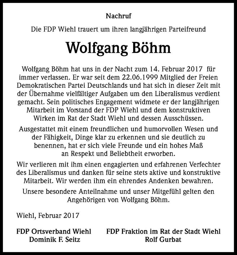  Traueranzeige für Wolfgang Böhm vom 18.02.2017 aus Kölner Stadt-Anzeiger / Kölnische Rundschau / Express