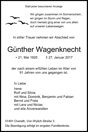 Anzeige von Günther Wagenknecht von Kölner Stadt-Anzeiger / Kölnische Rundschau / Express