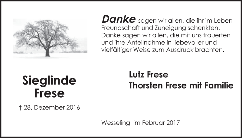  Traueranzeige für Sieglinde Frese vom 15.02.2017 aus  Schlossbote/Werbekurier 