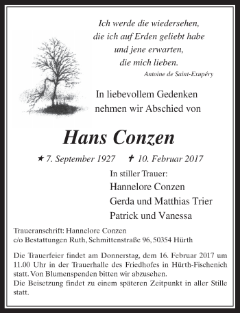 Anzeige von Hans Conzen von  Wochenende 