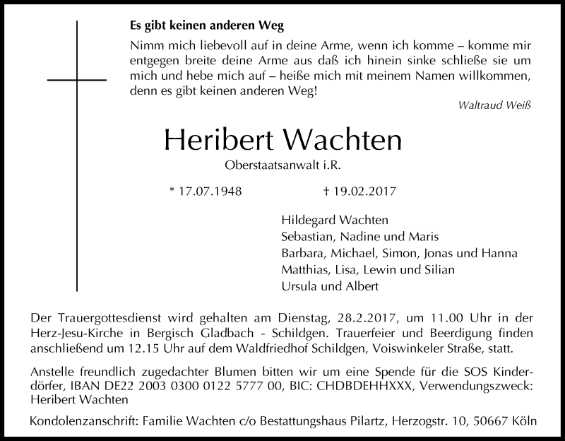  Traueranzeige für Heribert Wachten vom 25.02.2017 aus Kölner Stadt-Anzeiger / Kölnische Rundschau / Express