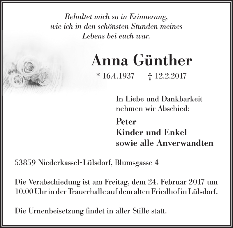  Traueranzeige für Anna Günther vom 22.02.2017 aus  Extra Blatt 