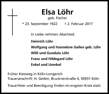 Anzeige von Elsa Löhr von Kölner Stadt-Anzeiger / Kölnische Rundschau / Express