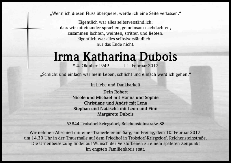  Traueranzeige für Irma Katharina Dubois vom 04.02.2017 aus Kölner Stadt-Anzeiger / Kölnische Rundschau / Express