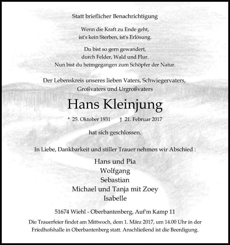  Traueranzeige für Hans Kleinjung vom 25.02.2017 aus Kölner Stadt-Anzeiger / Kölnische Rundschau / Express