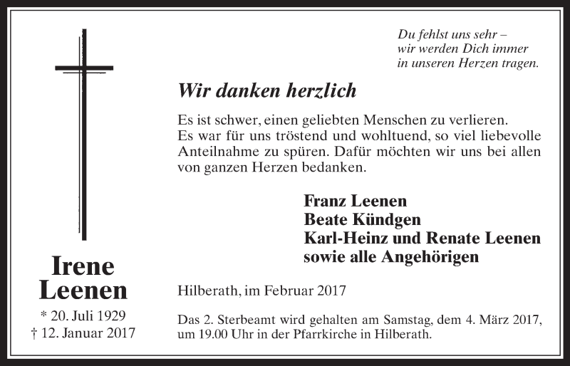  Traueranzeige für Irene Leenen vom 15.02.2017 aus  Schaufenster/Blickpunkt 