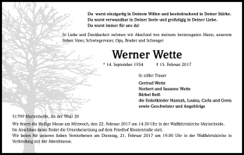 Anzeige von Werner Wette von Kölner Stadt-Anzeiger / Kölnische Rundschau / Express