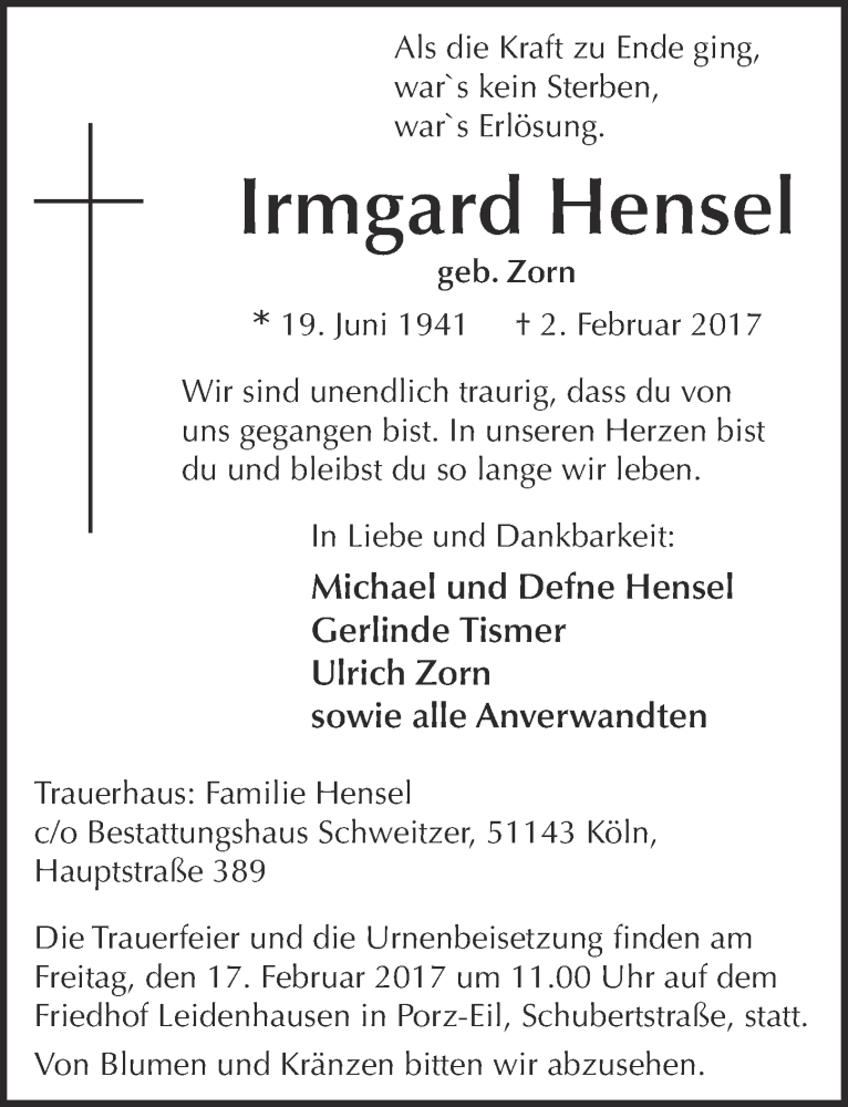 Traueranzeige für Irmgard Hensel vom 08.02.2017 aus  Kölner Wochenspiegel 