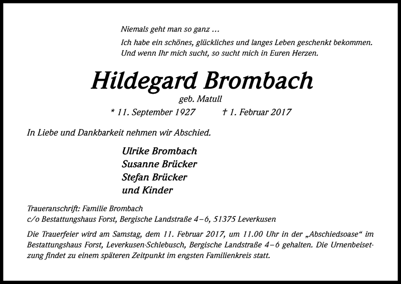  Traueranzeige für Hildegard Brombach vom 08.02.2017 aus Kölner Stadt-Anzeiger / Kölnische Rundschau / Express