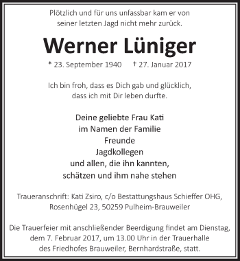 Anzeige von Werner Lüniger von  Sonntags-Post 