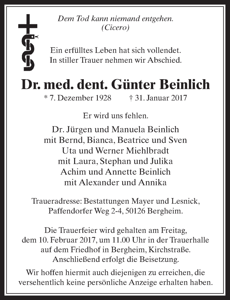  Traueranzeige für Günter Beinlich vom 08.02.2017 aus  Werbepost 