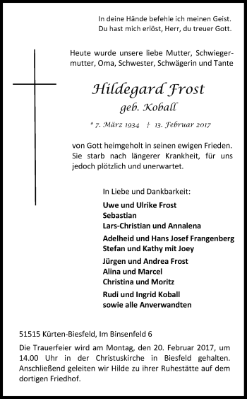 Anzeige von Hildegard Frost von Kölner Stadt-Anzeiger / Kölnische Rundschau / Express