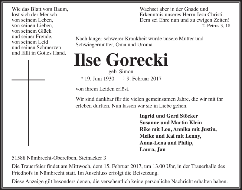  Traueranzeige für Ilse Gorecki vom 15.02.2017 aus  Lokalanzeiger 