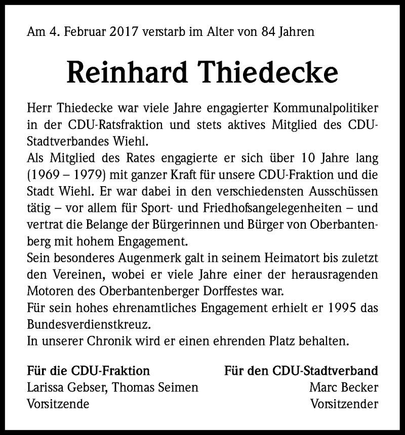  Traueranzeige für Reinhard Thiedecke vom 10.02.2017 aus Kölner Stadt-Anzeiger / Kölnische Rundschau / Express
