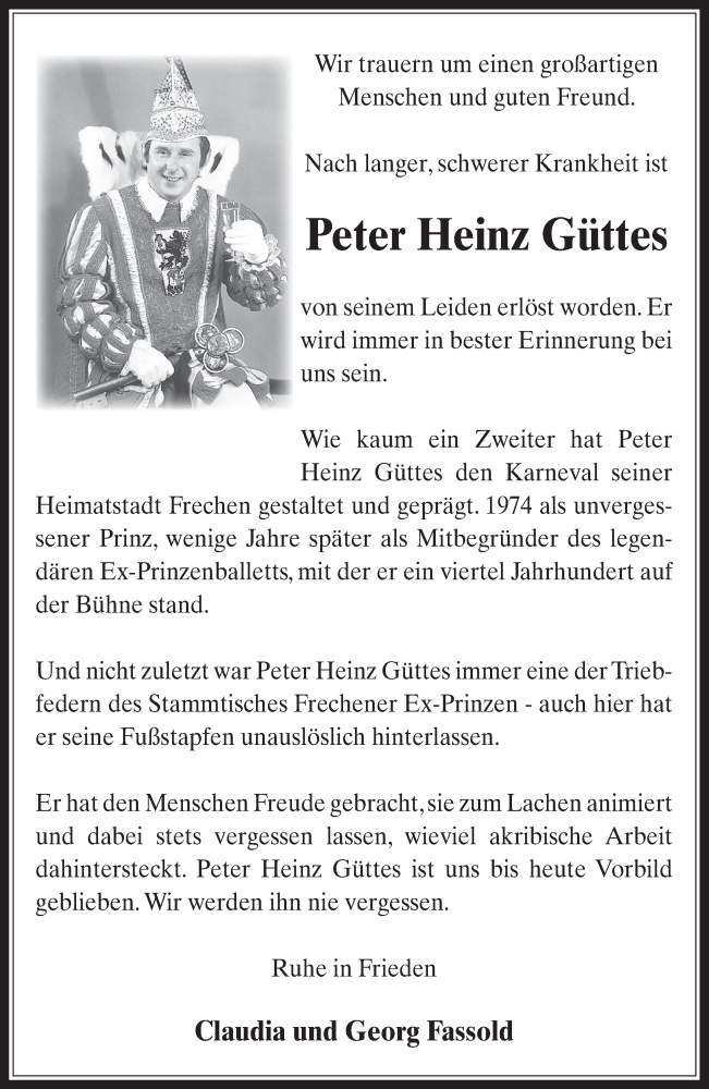  Traueranzeige für Peter Heinz Güttes vom 08.02.2017 aus  Wochenende 