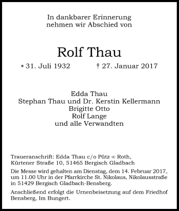 Anzeige von Rolf Thau von Kölner Stadt-Anzeiger / Kölnische Rundschau / Express