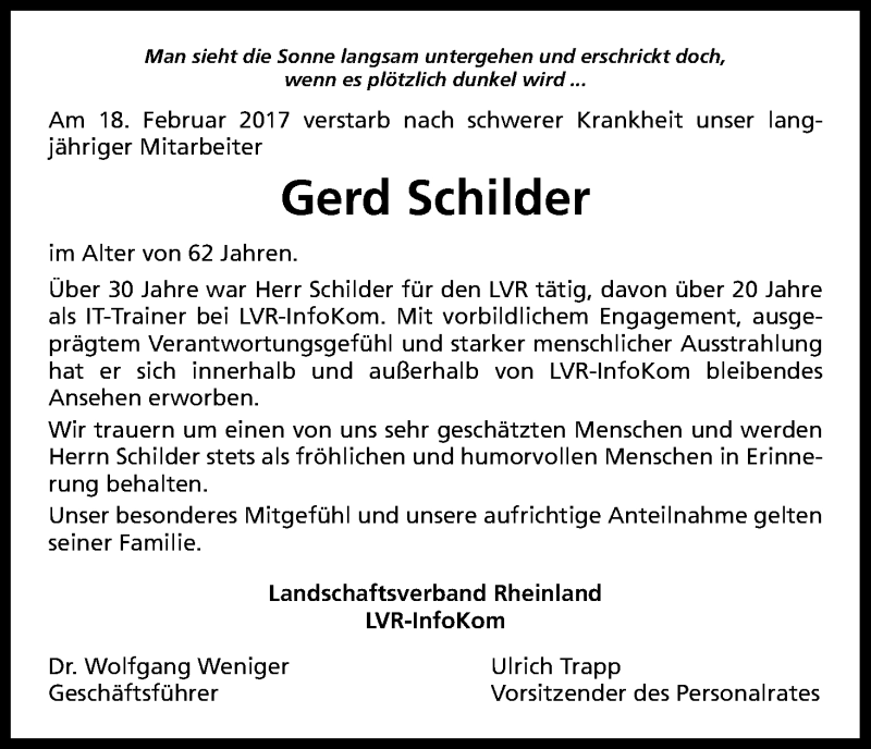  Traueranzeige für Gerd Schilder vom 25.02.2017 aus Kölner Stadt-Anzeiger / Kölnische Rundschau / Express