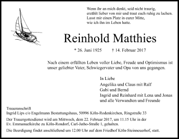 Anzeige von Reinhold Matthies von Kölner Stadt-Anzeiger / Kölnische Rundschau / Express