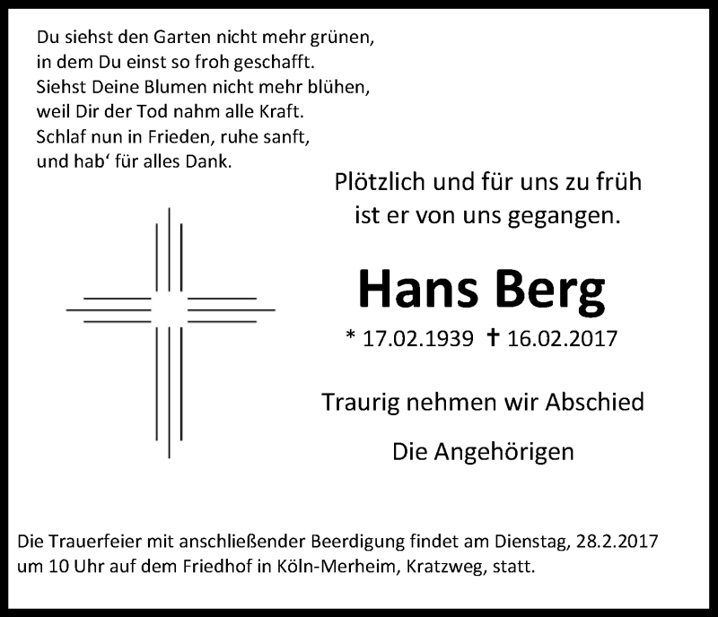  Traueranzeige für Hans Berg vom 22.02.2017 aus Kölner Stadt-Anzeiger / Kölnische Rundschau / Express